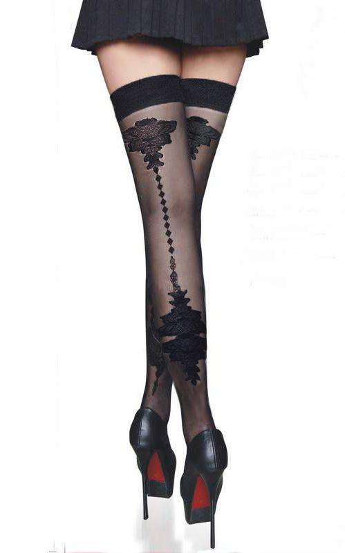 Black Thigh High Stockings with Elegant diamond print